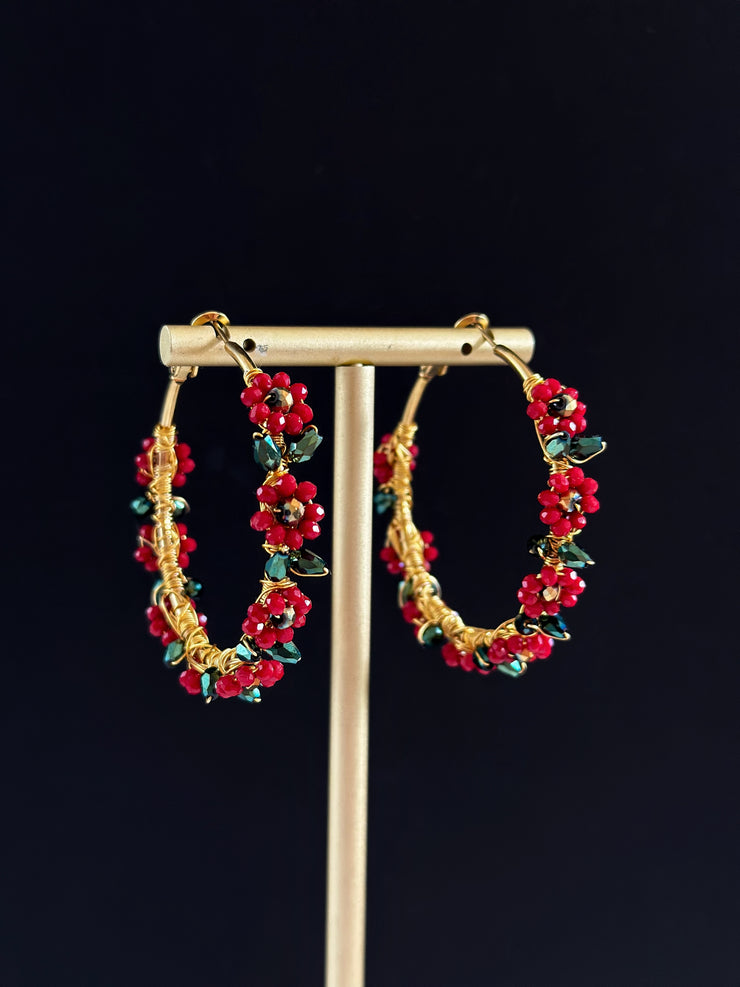 Hand Wrapped Red Flower with Metallic Green Leaves Hoops Large