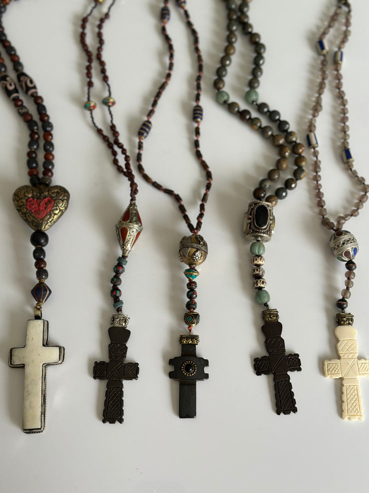 Hand Knotted Rosary with Buffalo Bone Cross Tibetan Silver, Brass, and Recycled Glass