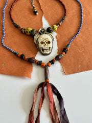 Ancient Tribal Bead and Buffalo Bone Skull Tibetan Silver Necklace
