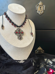 Garnet 925 Silver Cross Macrame Choker