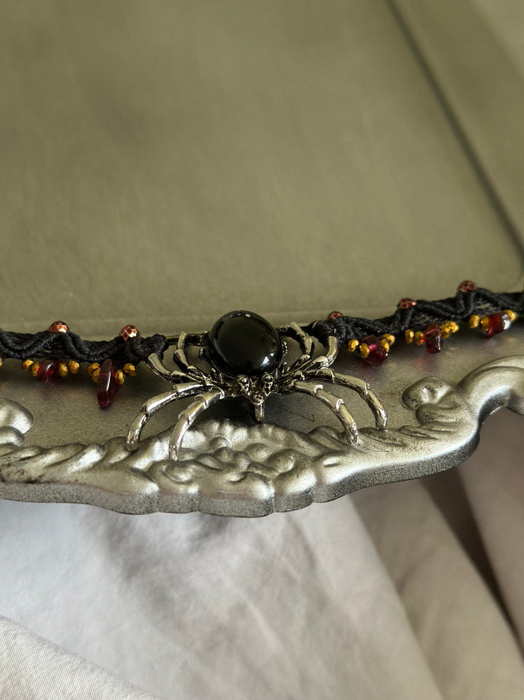 Black Onyx Spider and Garnet Chips Macrame Choker