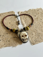 Ancient Tribal Bead and Buffalo Bone Skull Tibetan Silver Necklace