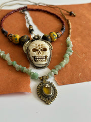 Ancient Tribal Bead and Buffalo Bone Skull Tibetan Silver Necklace