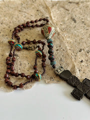 Hand Knotted Rosary with Coral, Tibetan Brass and Carved Bone Cross