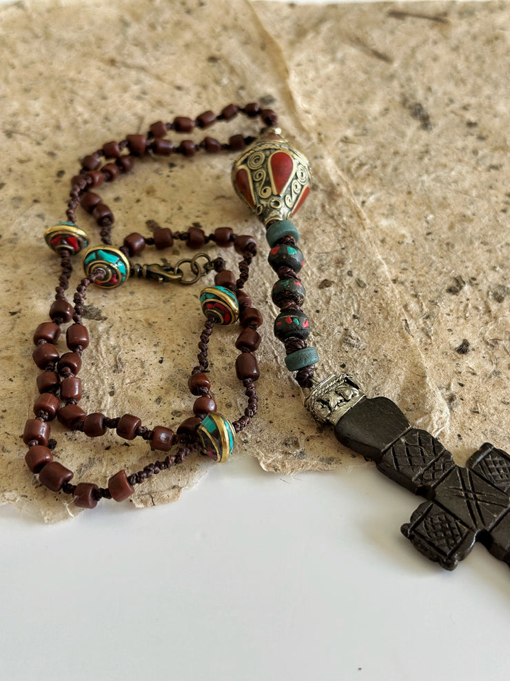 Hand Knotted Rosary with Coral, Tibetan Brass and Carved Bone Cross