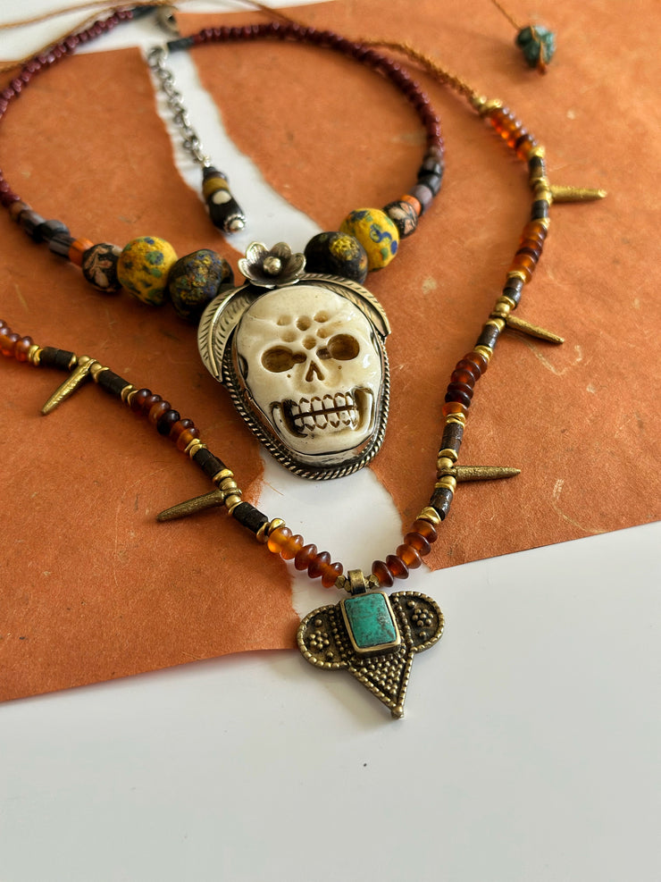 Turquoise Brass and Bone Ethnic Necklace