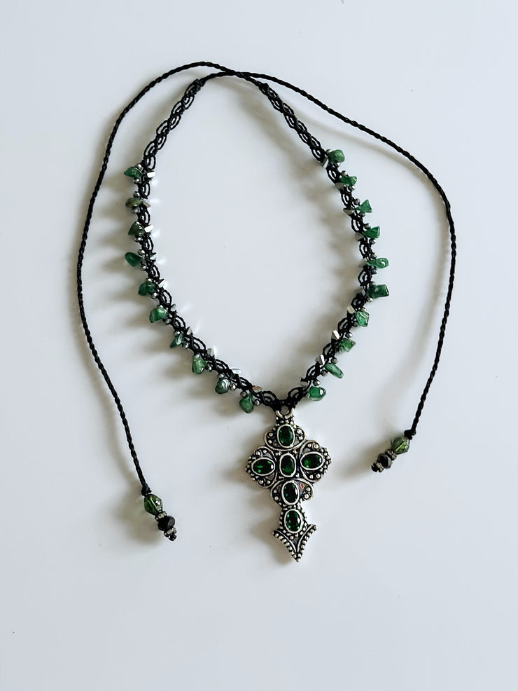 Diopside Emerald 925 Sterling Silver Cross Macrame Choker