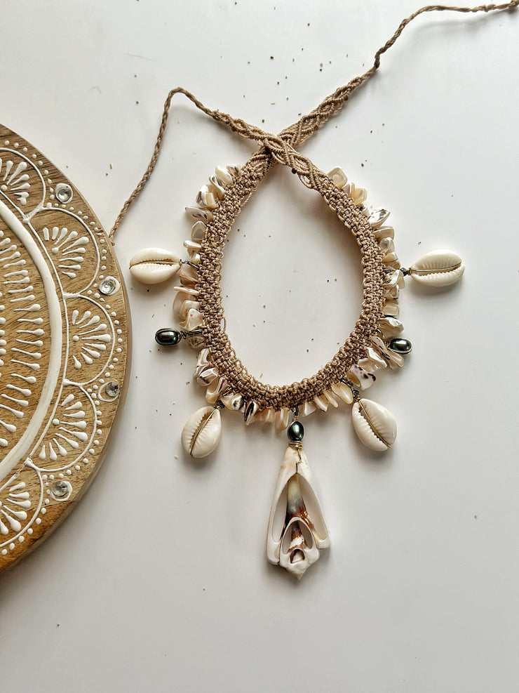 Conch Cowrie and Fresh Water Pearl Macrame Necklace