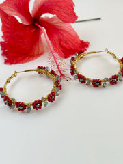 Hand Wrapped Beaded Red Flower Hoops Large