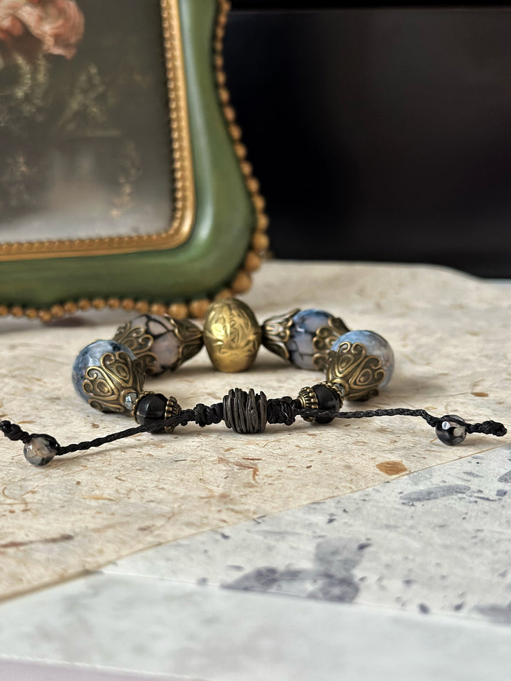 Antique Gold Dragon Vein Agate Skull Bracelet