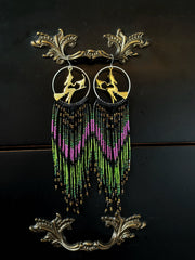 Spooky Season Purple and Green Beaded Fringe Earrings