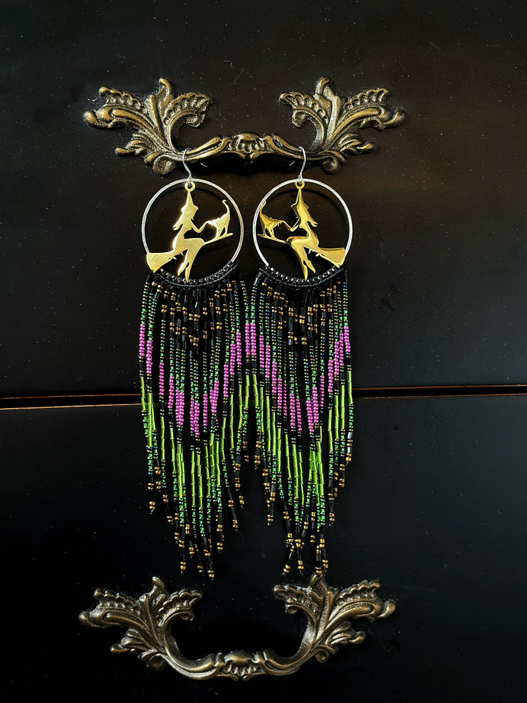 Spooky Season Purple and Green Beaded Fringe Earrings