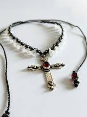 Garnet Cross in 925 Silver with White Quartz Macrame Choker