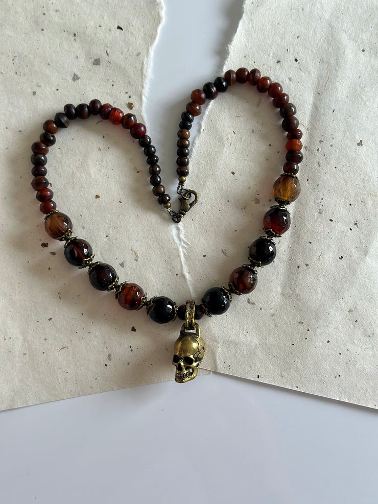 Antique Gold and Agate Skull Necklace