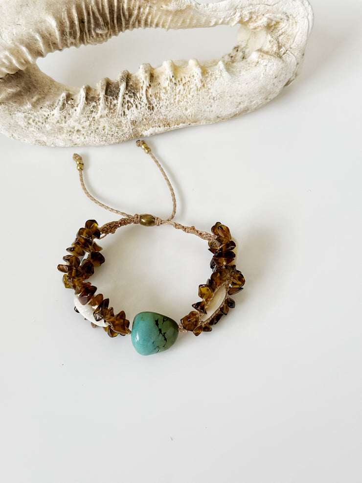 Turquoise Cowrie and Amber Macrame Bracelet