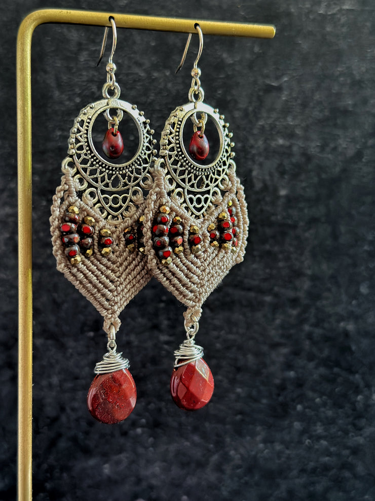 Czech Bead and Apple Jasper Macrame Earrings