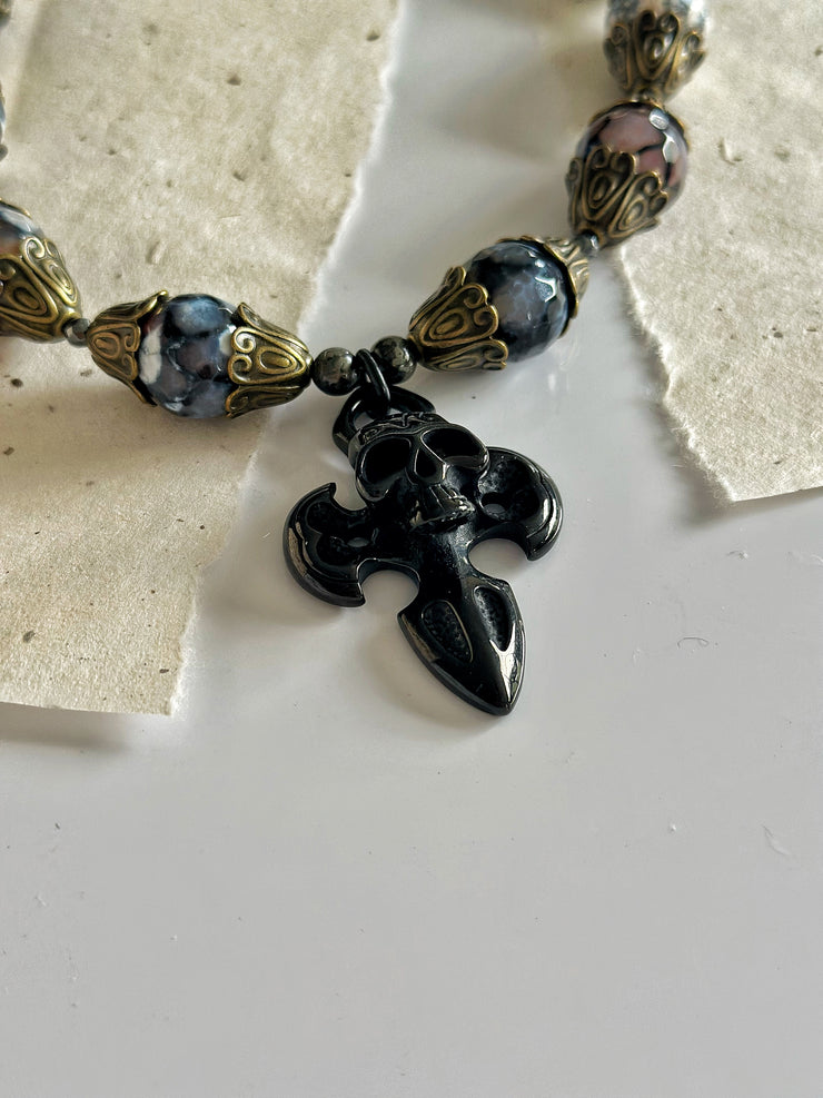 Dragon Vein Agate Skull Dagger Necklace