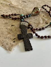 Hand Knotted Rosary with Coral, Tibetan Brass and Carved Bone Cross