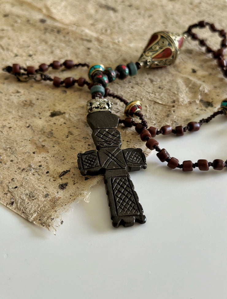 Hand Knotted Rosary with Coral, Tibetan Brass and Carved Bone Cross
