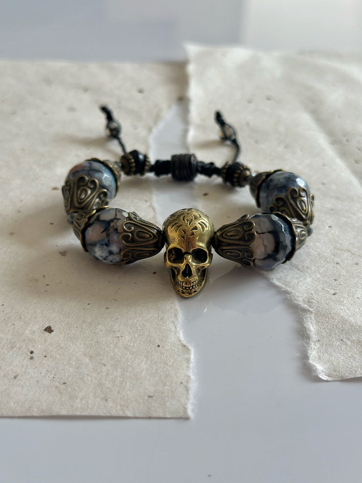 Antique Gold Dragon Vein Agate Skull Bracelet