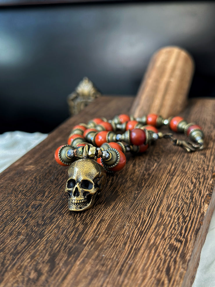 Red Jade Bronze Skull Necklace