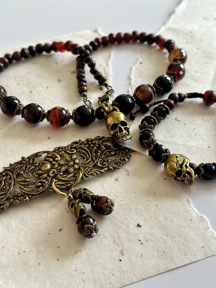 Antique Gold and Agate Skull Necklace