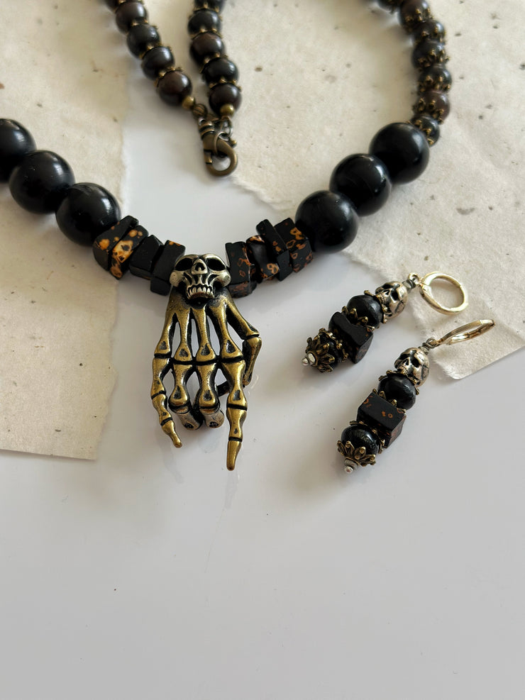 Antique Gold Rock n Roll Skull Necklace