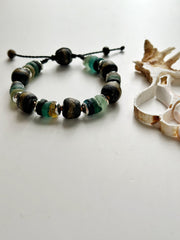Roman Sea Glass, Recycled African Glass and 18k White Gold Filled Hematite Bracelet