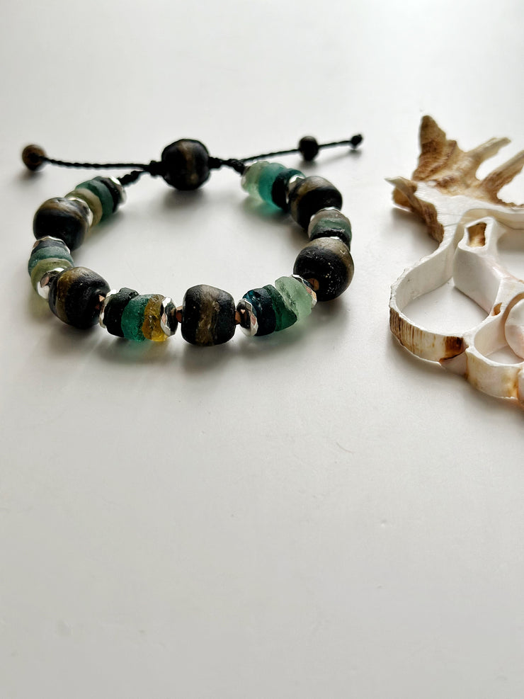 Roman Sea Glass, Recycled African Glass and 18k White Gold Filled Hematite Bracelet