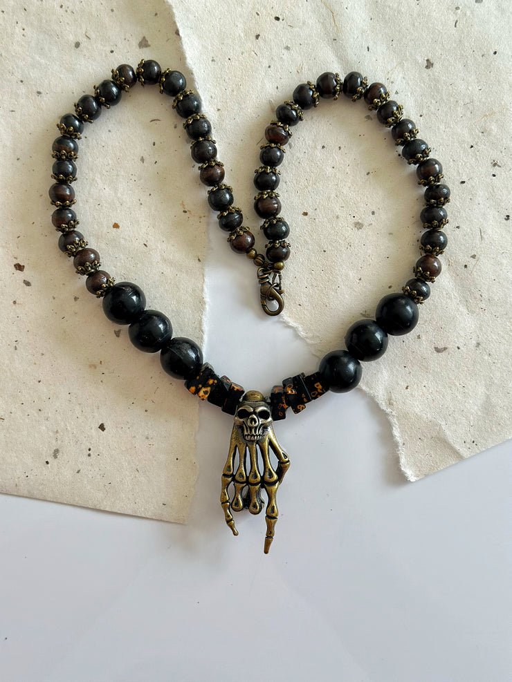 Antique Gold Rock n Roll Skull Necklace