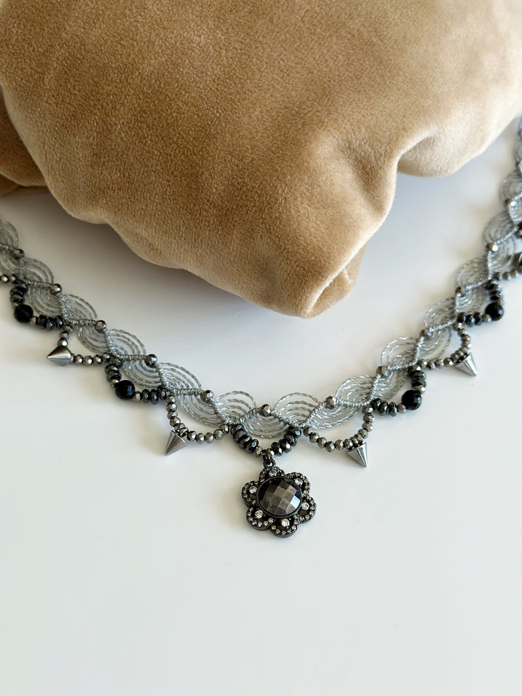 Gunmetal Micro Paved Crystal Gemstone Flower Black Spinel Macrame Choker