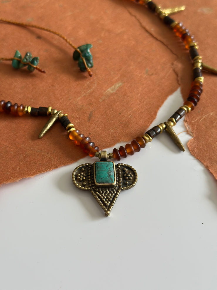 Turquoise Brass and Bone Ethnic Necklace