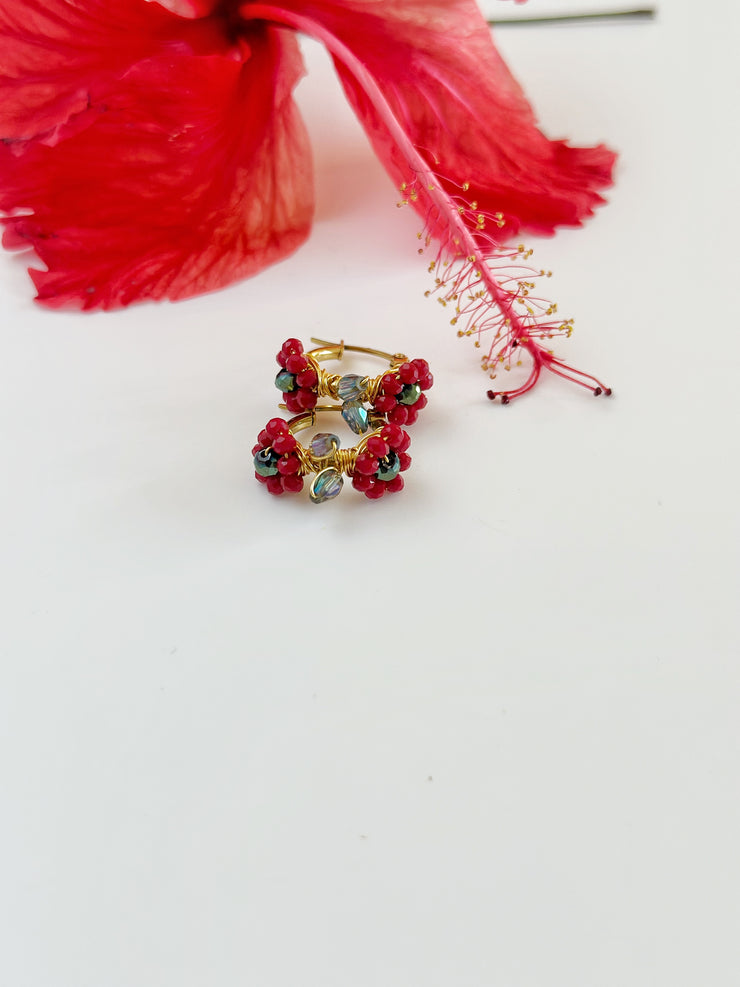 Hand Wrapped Beaded Red Flower Hoops Extra Small