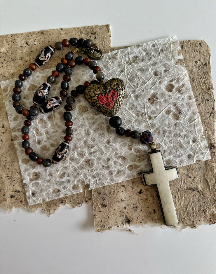 Hand Knotted Rosary with Buffalo Bone Cross Tibetan Silver, Brass, and Recycled Glass