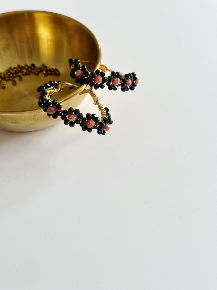 Hand Wrapped Black Flower Heart Hoops