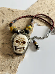 Ancient Tribal Bead and Buffalo Bone Skull Tibetan Silver Necklace