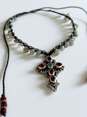 Garnet and Labradorite 925 Silver Cross Macrame Choker