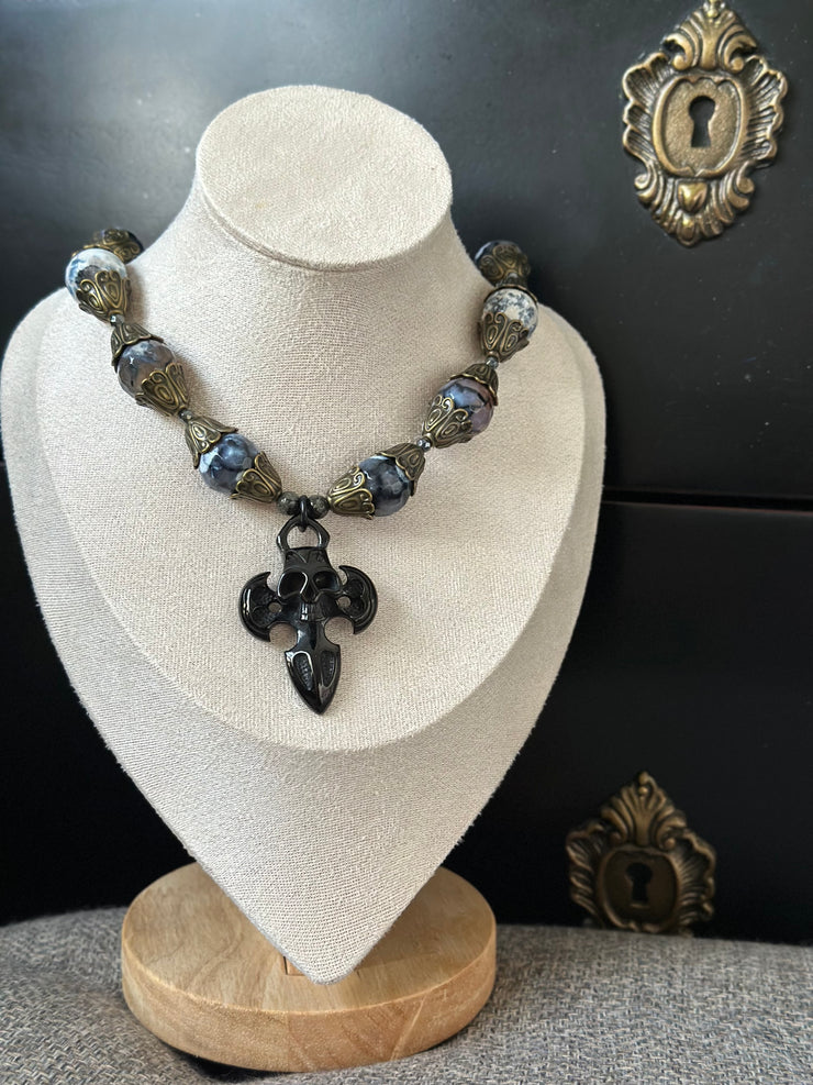 Dragon Vein Agate Skull Dagger Necklace