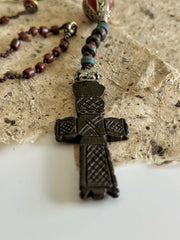 Hand Knotted Rosary with Coral, Tibetan Brass and Carved Bone Cross