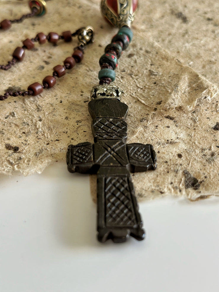 Hand Knotted Rosary with Coral, Tibetan Brass and Carved Bone Cross