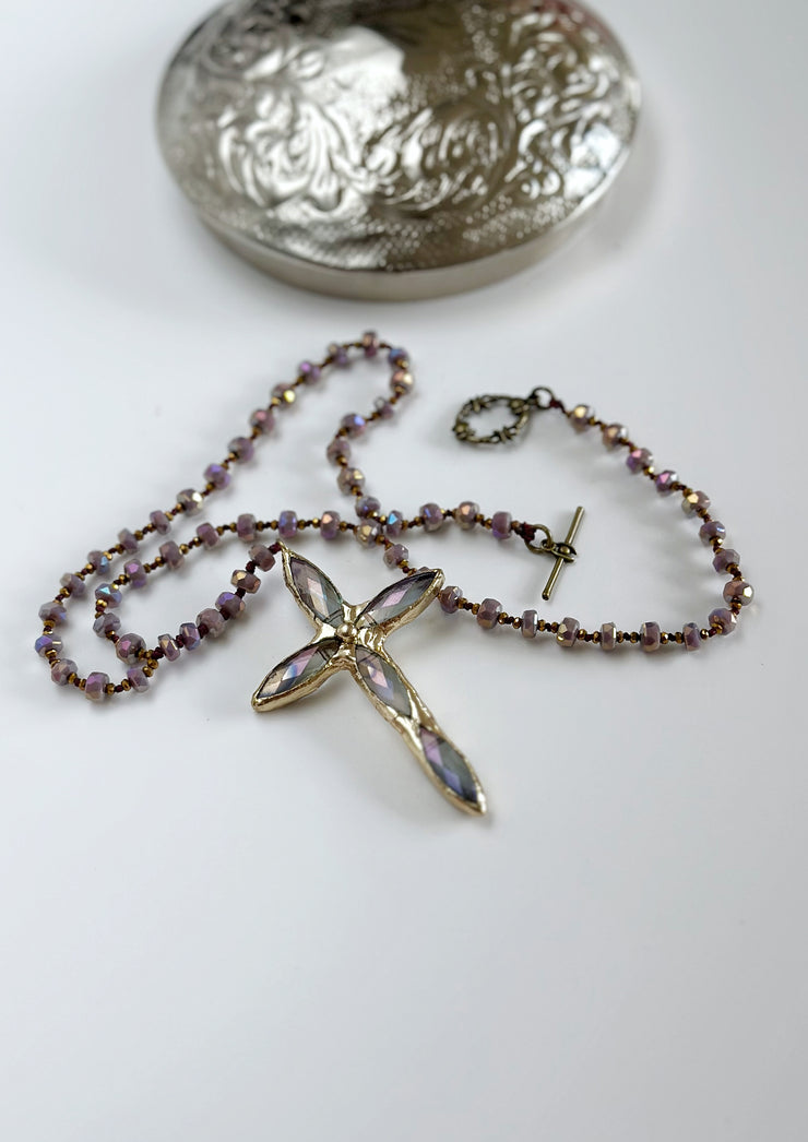 Lavender Hand Tied Crystal Cross Pendant