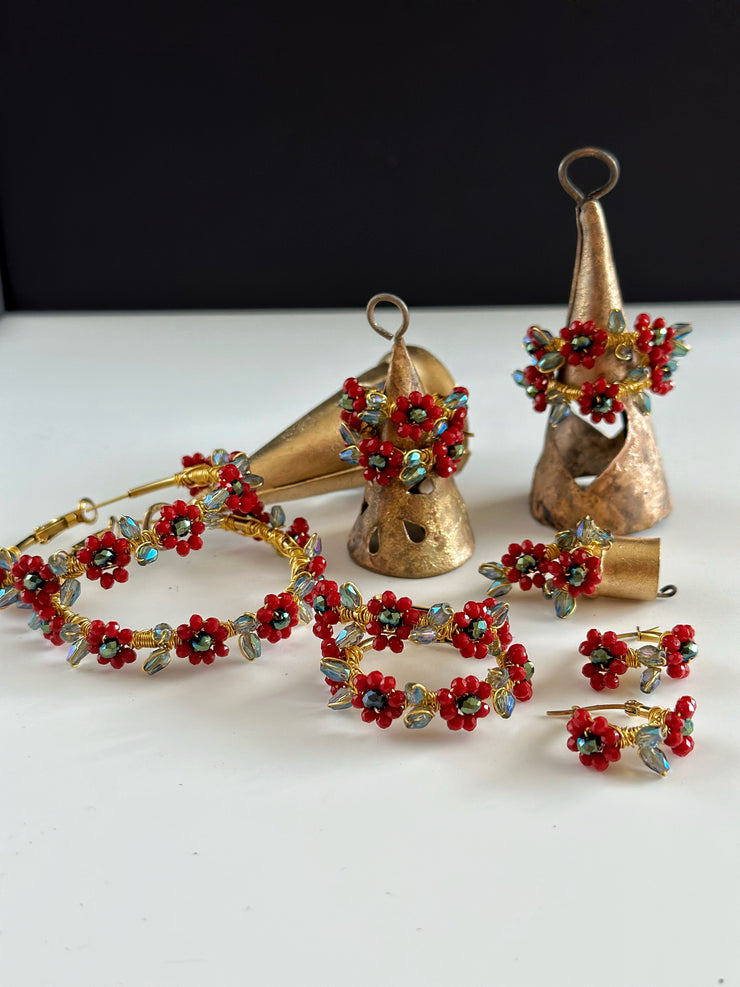 Hand Wrapped Beaded Red Flower Hoops Large