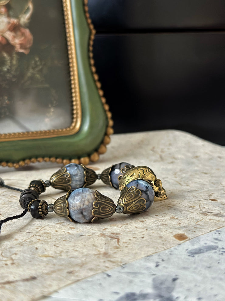 Antique Gold Dragon Vein Agate Skull Bracelet