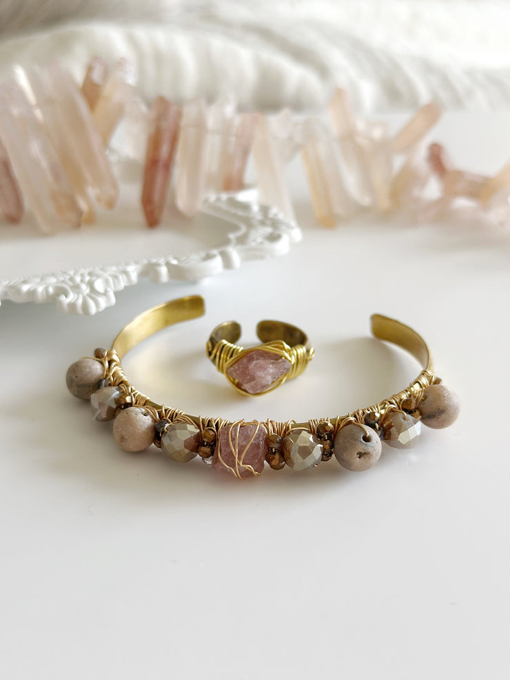 Raw Rose Quartz Brass Cuff