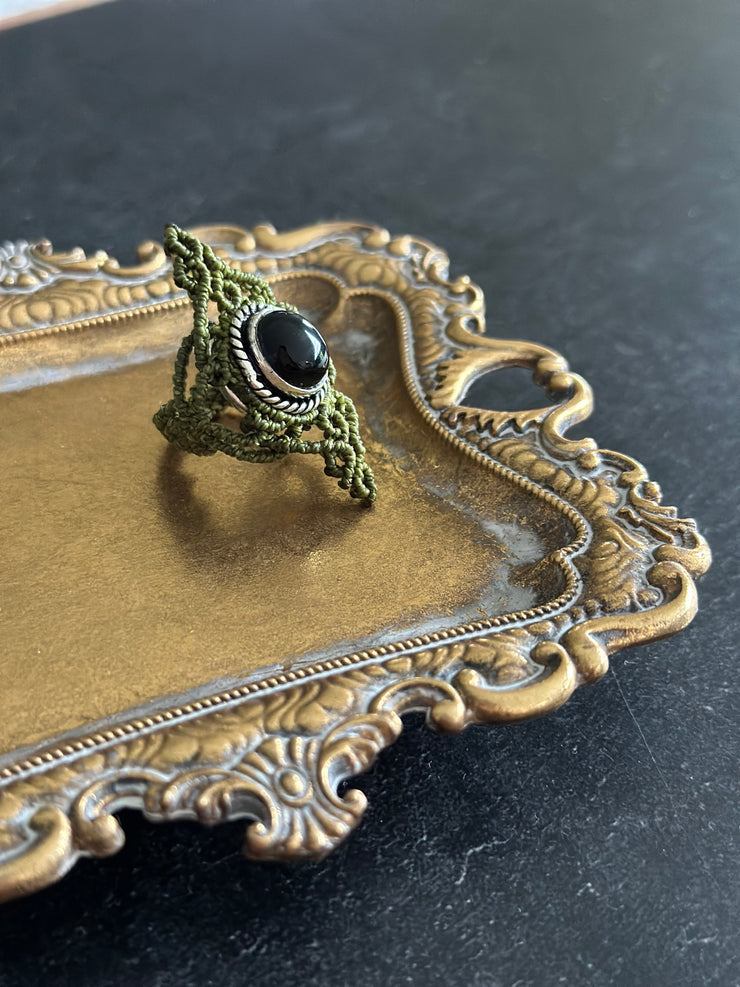 Green Macrame Onyx Ring Size 6