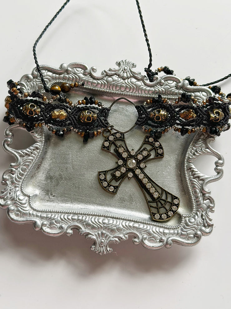 Gothic Cross and Skull Macrame Choker