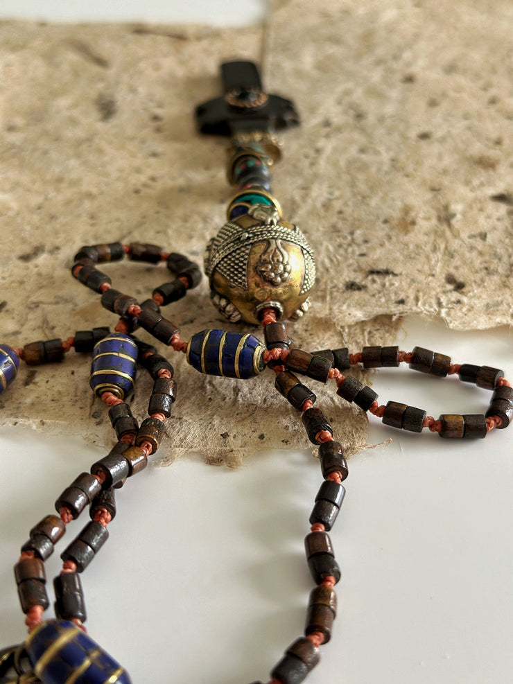 Hand Knotted Rosary with Carved Bone Inlaid Lapiz Lazuli Cross