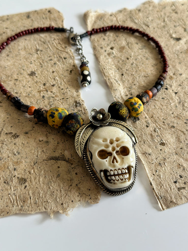Ancient Tribal Bead and Buffalo Bone Skull Tibetan Silver Necklace