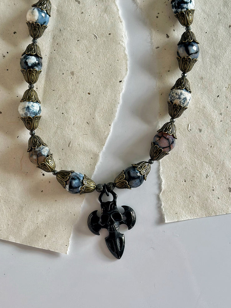 Dragon Vein Agate Skull Dagger Necklace