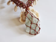 Raw Aquamarine Crystal Macrame Necklace with Cowrie Shells